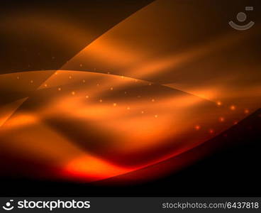 Neon wave background with light effects, curvy lines with glittering and shiny dots, glowing colors in darkness, magic energy. Neon wave background with light effects, curvy lines with glittering and shiny dots, glowing colors in darkness, vector magic energy illustration