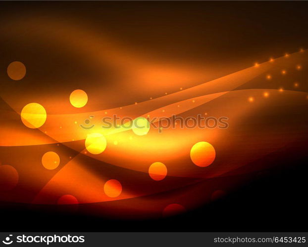 Neon wave background with light effects, curvy lines with glittering and shiny dots, glowing colors in darkness, magic energy. Neon wave background with light effects, curvy lines with glittering and shiny dots, glowing colors in darkness, vector magic energy illustration