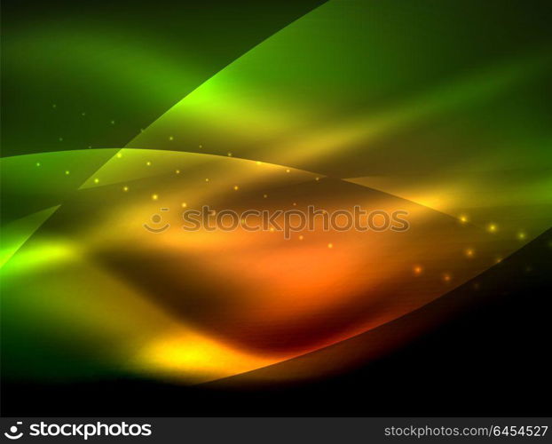 Neon wave background with light effects, curvy lines with glittering and shiny dots, glowing colors in darkness, magic energy. Neon wave background with light effects, curvy lines with glittering and shiny dots, glowing colors in darkness, vector magic energy illustration