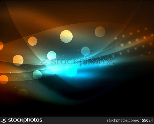 Neon wave background with light effects, curvy lines with glittering and shiny dots, glowing colors in darkness, magic energy. Neon wave background with light effects, curvy lines with glittering and shiny dots, glowing colors in darkness, vector magic energy illustration