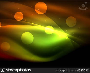 Neon wave background with light effects, curvy lines with glittering and shiny dots, glowing colors in darkness, magic energy. Neon wave background with light effects, curvy lines with glittering and shiny dots, glowing colors in darkness, vector magic energy illustration