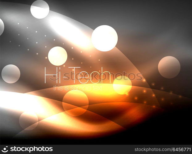 Neon wave background with light effects, curvy lines with glittering and shiny dots, glowing colors in darkness, magic energy. Neon wave background with light effects, curvy lines with glittering and shiny dots, glowing colors in darkness, vector magic energy illustration