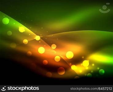 Neon wave background with light effects, curvy lines with glittering and shiny dots, glowing colors in darkness, magic energy. Neon wave background with light effects, curvy lines with glittering and shiny dots, glowing colors in darkness, vector magic energy illustration
