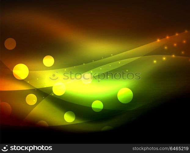 Neon wave background with light effects, curvy lines with glittering and shiny dots, glowing colors in darkness, magic energy. Neon wave background with light effects, curvy lines with glittering and shiny dots, glowing colors in darkness, vector magic energy illustration