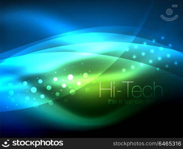 Neon wave background with light effects, curvy lines with glittering and shiny dots, glowing colors in darkness, magic energy. Neon wave background with light effects, curvy lines with glittering and shiny dots, glowing colors in darkness, vector magic energy illustration