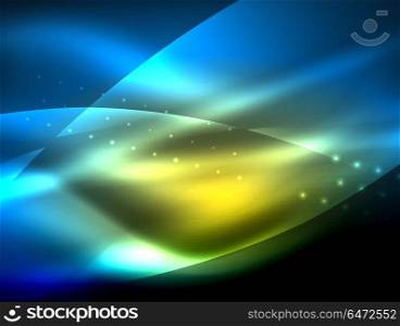 Neon wave background with light effects, curvy lines with glittering and shiny dots, glowing colors in darkness, magic energy. Neon wave background with light effects, curvy lines with glittering and shiny dots, glowing colors in darkness, vector magic energy illustration
