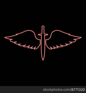 Neon wings and sword symbol cadets Winged blade weapon medieval age Warrior insignia Blazon bravary concept red color vector illustration image flat style light. Neon wings and sword symbol cadets Winged blade weapon medieval age Warrior insignia Blazon bravary concept red color vector illustration image flat style