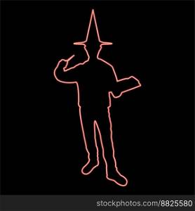 Neon wizard holds magic wand trick book Waving Sorcery concept Magician Sorcerer Fantasy person Warlock man in robe with magical stick Witchcraft in hat mantle Mage conjure Mystery idea Enchantment red color vector illustration image flat style light. Neon wizard holds magic wand trick book Waving Sorcery concept Magician Sorcerer Fantasy person Warlock man in robe with magical stick Witchcraft in hat mantle Mage conjure Mystery idea Enchantment red color vector illustration image flat style