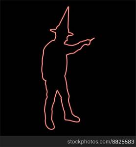 Neon wizard holds magic wand trick Waving Sorcery concept Magician Sorcerer Fantasy person Warlock man in robe with magical stick Witchcraft in hat mantle Mage conjure Mystery idea Enchantment red color vector illustration image flat style light. Neon wizard holds magic wand trick Waving Sorcery concept Magician Sorcerer Fantasy person Warlock man in robe with magical stick Witchcraft in hat mantle Mage conjure Mystery idea Enchantment red color vector illustration image flat style