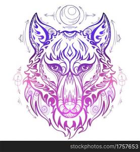 Neon wolf head front view with ethnic decorations and spiritual symbols of the moon and arrows. Predator front view portrait with curls and tribal ornaments. Vector gradient color sketch for tattoo. Neon wolf head front view with ethnic decorations and spiritual symbols of the moon and arrows. Predator front view portrait with curls and tribal ornaments. Vector gradient color sketch