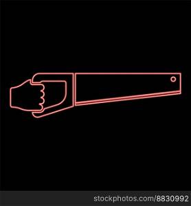 Neon wood saw in hand tool in use Arm for cutting Timber symbol Sawmill concept red color vector illustration image flat style light. Neon wood saw in hand tool in use Arm for cutting Timber symbol Sawmill concept red color vector illustration image flat style