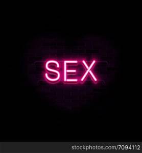 Neon word sex on dark brick wall background, vector illustration