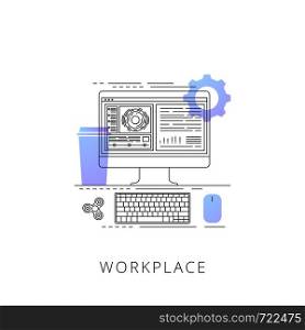 Neon workplace vector line icon isolated on white background. Workplace line icon for infographic, website or app.. Neon workplace vector line icon.