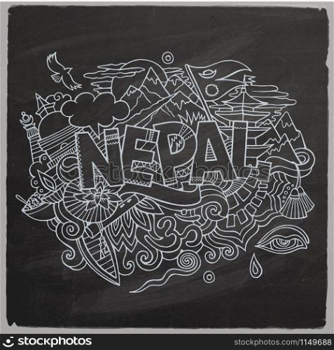 Nepal country hand lettering and doodles elements and symbols background. Vector hand drawn chalkboard illustration. Nepal country hand lettering and doodles elements
