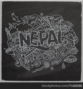 Nepal country hand lettering and doodles elements and symbols background. Vector hand drawn chalkboard illustration. Nepal country hand lettering and doodles elements