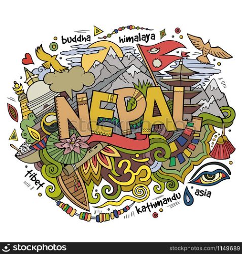Nepal country hand lettering and doodles elements and symbols background. Vector hand drawn illustration. Nepal country hand lettering and doodles elements