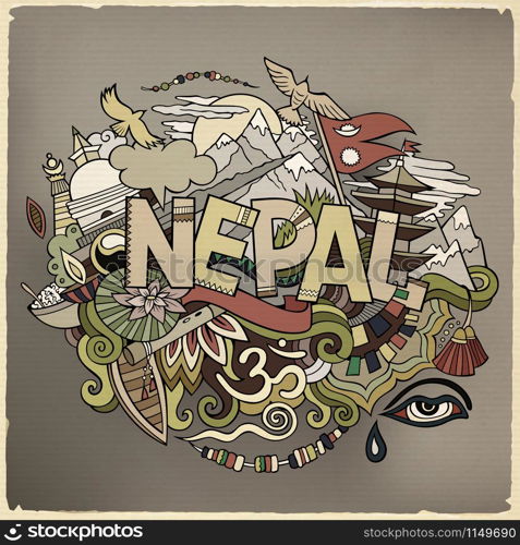 Nepal country hand lettering and doodles elements and symbols background. Vector hand drawn illustration. Nepal country hand lettering and doodles elements