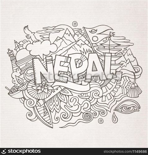 Nepal country hand lettering and doodles elements and symbols background. Vector hand drawn sketchy illustration. Nepal country hand lettering and doodles elements