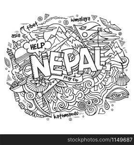 Nepal country hand lettering and doodles elements and symbols background. Vector hand drawn sketchy illustration. Nepal country hand lettering and doodles elements
