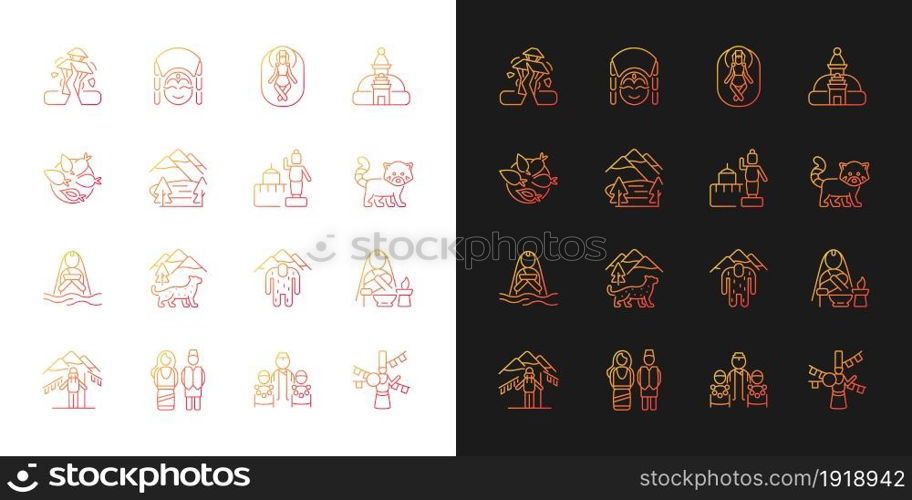 Nepal cultural heritage gradient icons set for dark and light mode. Religious festivals. Thin line contour symbols bundle. Isolated vector outline illustrations collection on black and white. Nepal cultural heritage gradient icons set for dark and light mode