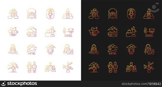 Nepal cultural heritage gradient icons set for dark and light mode. Religious festivals. Thin line contour symbols bundle. Isolated vector outline illustrations collection on black and white. Nepal cultural heritage gradient icons set for dark and light mode