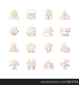 Nepal cultural heritage gradient linear vector icons set. Religious festivals. Tourist attractions. Mountaineering. Thin line contour symbols bundle. Isolated outline illustrations collection. Nepal cultural heritage gradient linear vector icons set