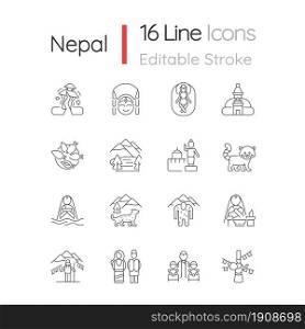 Nepal cultural heritage linear icons set. Religious festivals. Tourist attractions. Mountaineering. Customizable thin line contour symbols. Isolated vector outline illustrations. Editable stroke. Nepal cultural heritage linear icons set