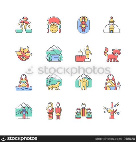Nepal cultural heritage RGB color icons set. Religious festivals. Tourist attractions. Mountaineering destination. Architecture. Isolated vector illustrations. Simple filled line drawings collection. Nepal cultural heritage RGB color icons set