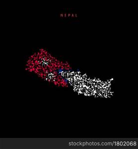 Nepal flag map, chaotic particles pattern in the colors of the Nepali flag. Vector illustration isolated on black background.. Nepal flag map, chaotic particles pattern in the Nepali flag colors. Vector illustration