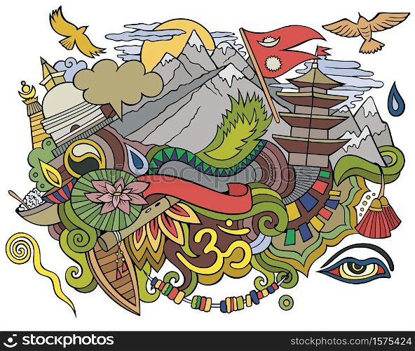 Nepal hand drawn cartoon doodles illustration. Funny travel design. Creative art vector background. Asian symbols, elements and objects. Colorful composition. Nepal hand drawn cartoon doodles illustration. Funny travel design