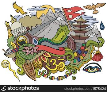 Nepal hand drawn cartoon doodles illustration. Funny travel design. Creative art vector background. Asian symbols, elements and objects. Colorful composition. Nepal hand drawn cartoon doodles illustration. Funny travel design