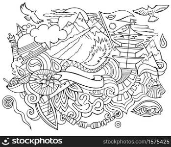 Nepal hand drawn cartoon doodles illustration. Funny travel design. Creative art vector background. Asian symbols, elements and objects. Sketchy composition. Nepal hand drawn cartoon doodles illustration. Funny travel design