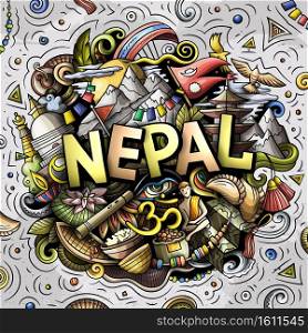 Nepal hand drawn cartoon doodles illustration. Funny travel design. Creative art vector background. Handwritten text with elements and objects. Colorful composition. Nepal hand drawn cartoon doodles illustration.