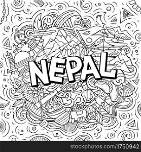 Nepal hand drawn cartoon doodles illustration. Funny travel design. Creative art vector background. Handwritten text with elements and objects. Line art composition. Nepal hand drawn cartoon doodles illustration.