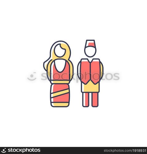 Nepal traditional costume RGB color icon. Festive outfit for religious occasions. National male and female dresses. Ethnic clothing. Isolated vector illustration. Simple filled line drawing. Nepal traditional costume RGB color icon