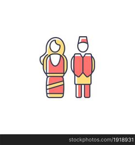 Nepal traditional costume RGB color icon. Festive outfit for religious occasions. National male and female dresses. Ethnic clothing. Isolated vector illustration. Simple filled line drawing. Nepal traditional costume RGB color icon