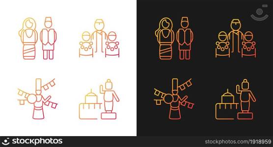 Nepalese traditions gradient icons set for dark and light mode. Ethnic costumes. Bratabandha. Thin line contour symbols bundle. Isolated vector outline illustrations collection on black and white. Nepalese traditions gradient icons set for dark and light mode