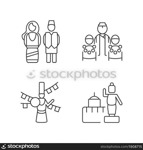 Nepalese traditions linear icons set. Ethnic costumes. Bratabandha ceremony. Losar celebration. Customizable thin line contour symbols. Isolated vector outline illustrations. Editable stroke. Nepalese traditions linear icons set