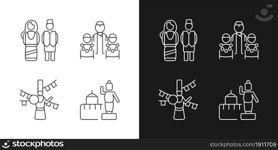 Nepalese traditions linear icons set for dark and light mode. Ethnic costumes. Bratabandha ceremony. Customizable thin line symbols. Isolated vector outline illustrations. Editable stroke. Nepalese traditions linear icons set for dark and light mode