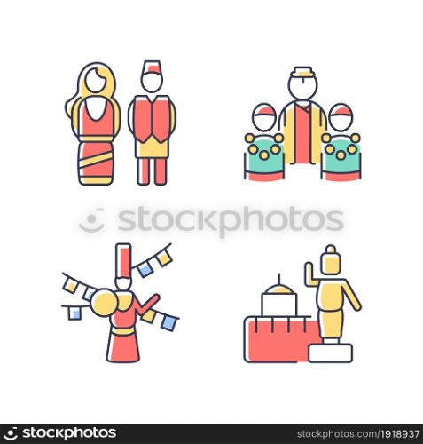 Nepalese traditions RGB color icons set. Ethnic costumes. Bratabandha ceremony. Losar celebration. Buddhist pilgrimage place. Isolated vector illustrations. Simple filled line drawings collection. Nepalese traditions RGB color icons set