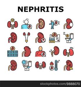Nephritis Kidneys Collection Icons Set Vector. Kidneys Stones And Infection, Cancer And Cyst, Bloody Urine And Frequent Urination Concept Linear Pictograms. Contour Color Illustrations. Nephritis Kidneys Collection Icons Set Vector