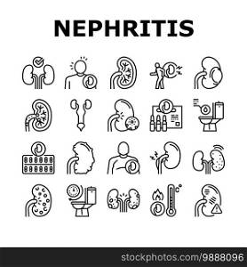 Nephritis Kidneys Collection Icons Set Vector. Kidneys Stones And Infection, Cancer And Cyst, Bloody Urine And Frequent Urination Black Contour Illustrations. Nephritis Kidneys Collection Icons Set Vector
