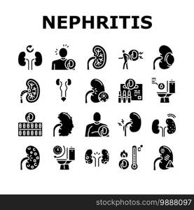 Nephritis Kidneys Collection Icons Set Vector. Kidneys Stones And Infection, Cancer And Cyst, Bloody Urine And Frequent Urination Glyph Pictograms Black Illustrations. Nephritis Kidneys Collection Icons Set Vector