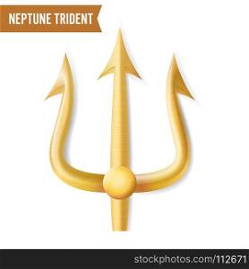 Neptune Trident Vector. Gold Realistic 3D Silhouette Of Neptune Or Poseidon Weapon. Pitchfork Sharp Fork Object. Isolated On White Background.. Neptune Trident Vector. Gold Realistic 3D Silhouette Of Neptune Or Poseidon Weapon. Pitchfork Sharp Fork Object. Isolated On White
