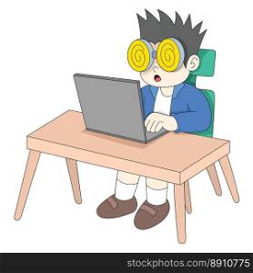 nerd boy is sitting in front of laptop playing online game. vector design illustration art