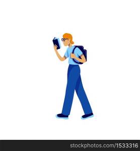 Nerd flat color vector faceless character. Smart student in glasses walk and read book. School pupil with backpack. Geek isolated cartoon illustration for web graphic design and animation. Nerd flat color vector faceless character