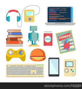 Nerd Items Set Vector. Geek Accessories. Headphones, Player, Laptop, Robot, Toy, Phone, Keyboard, Tetris, Comics, Soda, Burger, Books. Isolated Flat Cartoon Illustration. Nerd Items Set Vector. Geek Accessories. Headphones, Player, Laptop, Robot, Toy, Phone Keyboard Tetris Comics Soda Burger Books Isolated Illustration