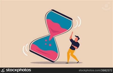 Nervous clock and business deadline job. People pressure and frustration worker vector illustration concept. Sandglass fall and panic countdown. Overworked character or management employee businessman