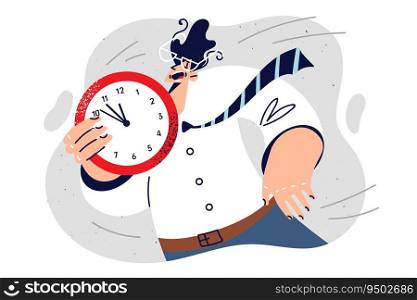 Nervous man is afraid to miss deadlines and holds clock in hand, shouting motivational speeches for employees. Hurried businessman reminds about deadlines and need to complete work before end of day. Nervous man is afraid to miss deadlines and holds clock in hand, shouting motivational speeches