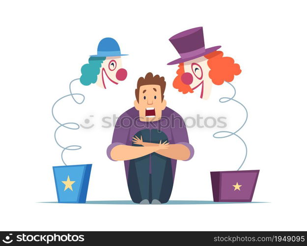 Nervous man. Male in panic, fear of clowns. Isolated screaming guy, frightening circus toys vector illustration. Fear clown and horror evil, phobia fright. Nervous man. Male in panic, fear of clowns. Isolated screaming guy, frightening circus toys vector illustration